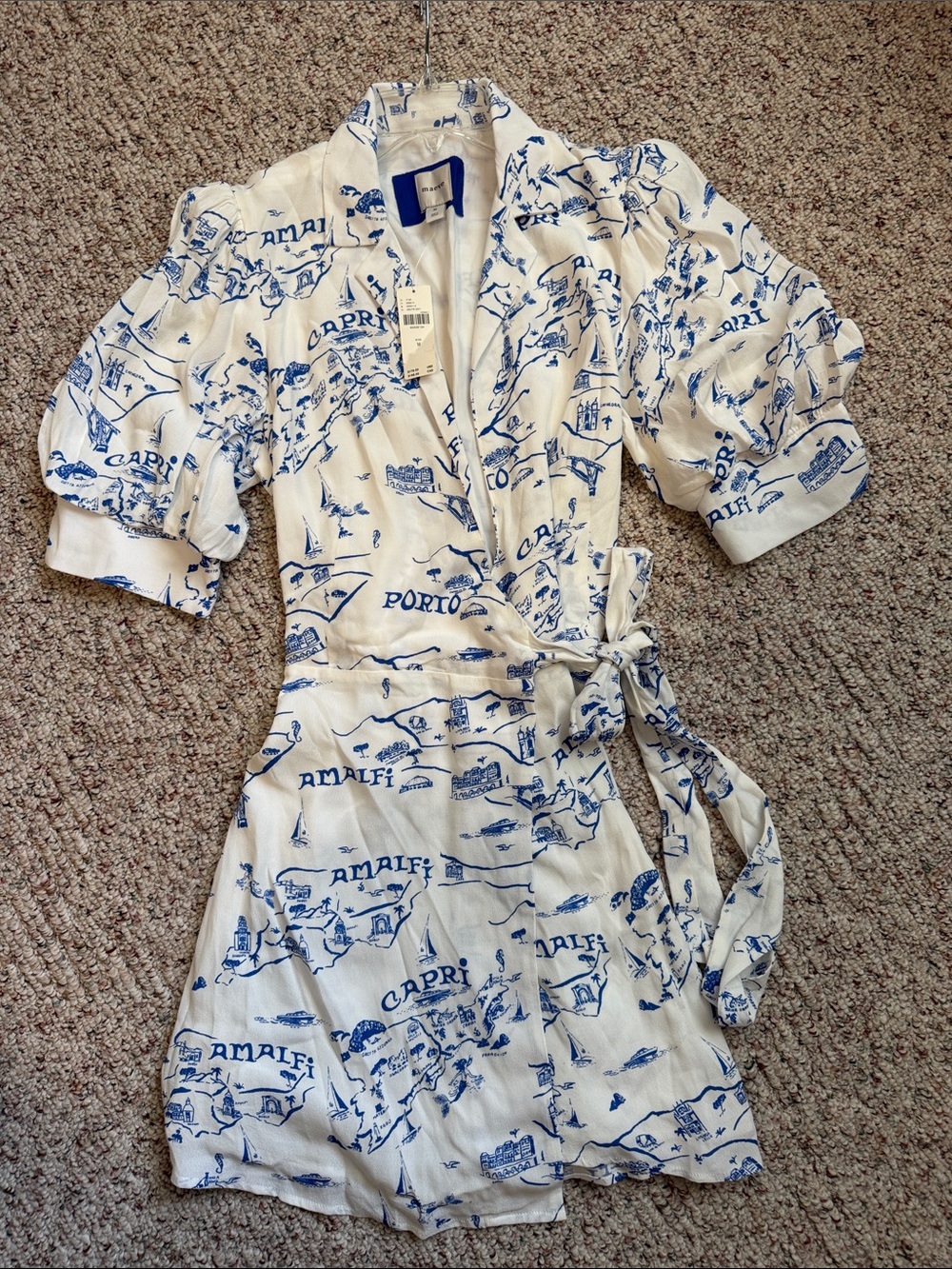 Maeve White and Blue Capri Map Print Wrap Dress